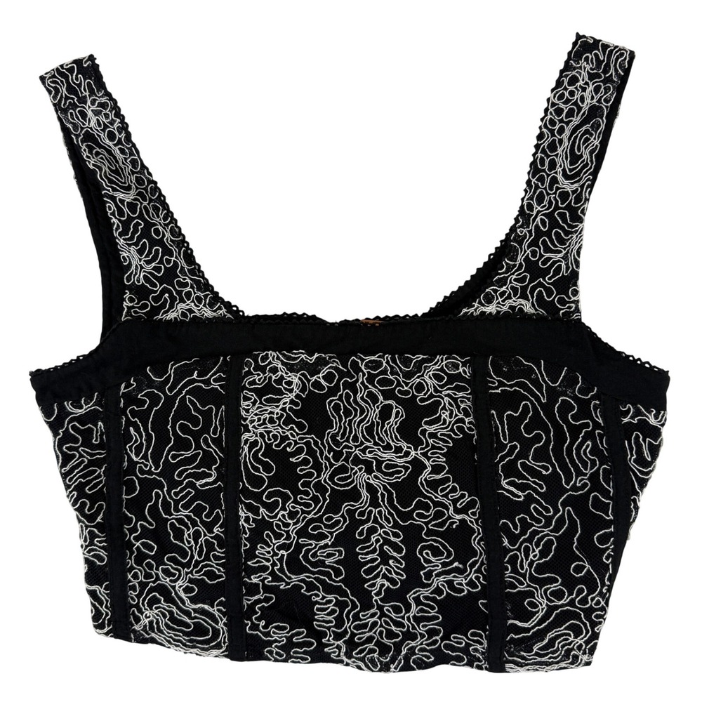 Free People Cora Corset Crop Top Womens Medium Black White Embroidered Lace Trim